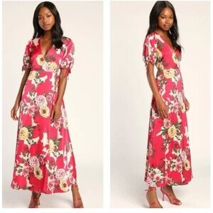 NWT Lulu’s Lovable Look Pink Floral print  Puff Sleeve Wrap Maxi Dress large